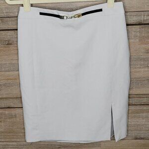 Express Beige Midi Pencil Skirt Lined Front Slit Faux Belt Women's Size 6